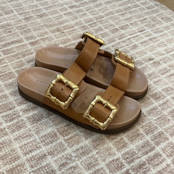 SCHUTZ Shoes - SCHUTZ Tan Sandals with Gold Accents